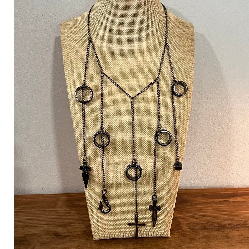 Gunmetal Multi Charm Lariat Necklace Cross Dagger Rings Hook‎ Gothic Style